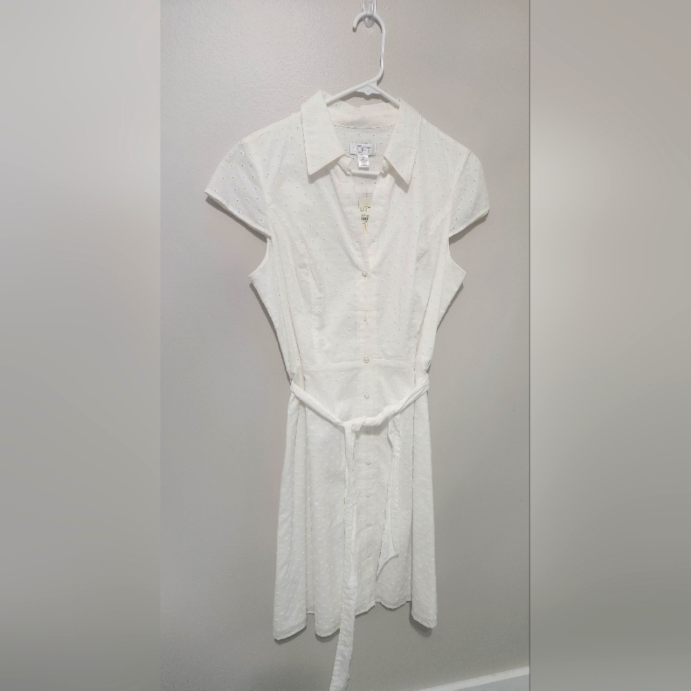 NWT LOFT by Ann Taylor White Short Sleeve Eyelet Button Down Dress Womens 12